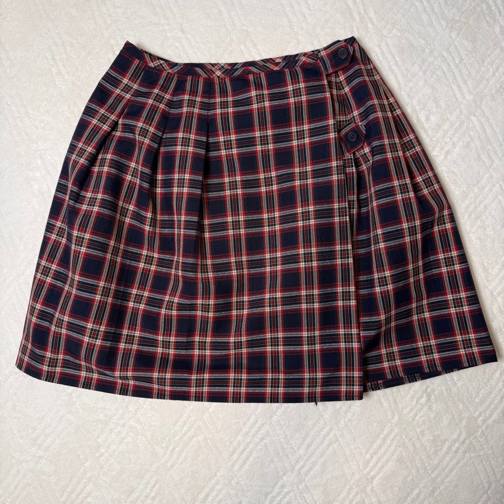 Y2K Preppy Parker Plaid Pleated Wrap Skirt Size 5 Navy Red Academia